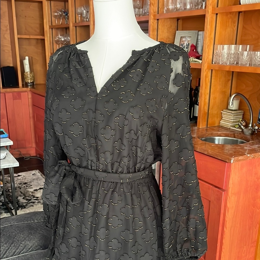 NWT Nanette Lepore Black Gold Sheer Sleeve Tiered Dress Party Dress 6 - Picture 5 of 11